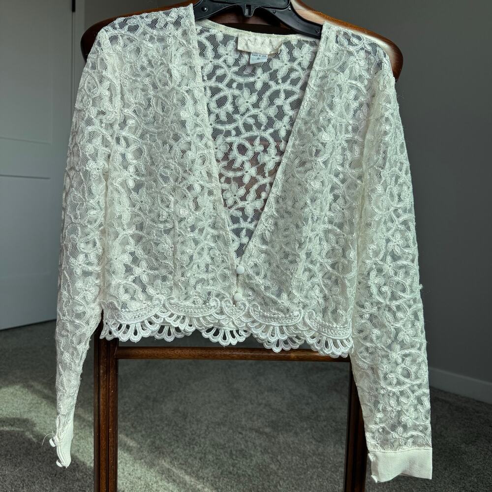 VTG Scott McClintock Lace Jacket Ivory Sheer Cropped Bridal Bolero USA Sz 6